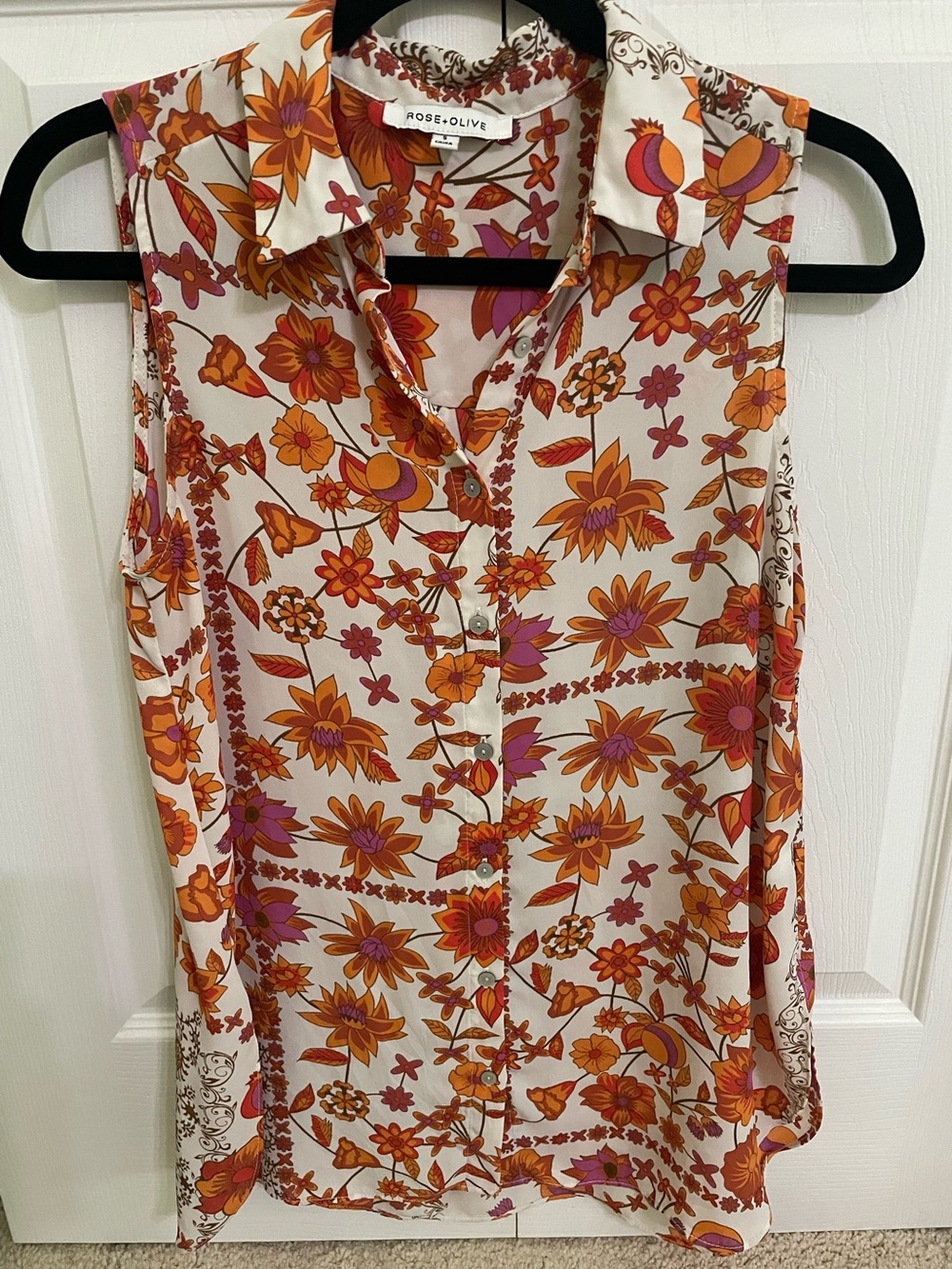 Rose & Olive Cream Sleeveless Button-Up Blouse with Orange and Pink Floral Print